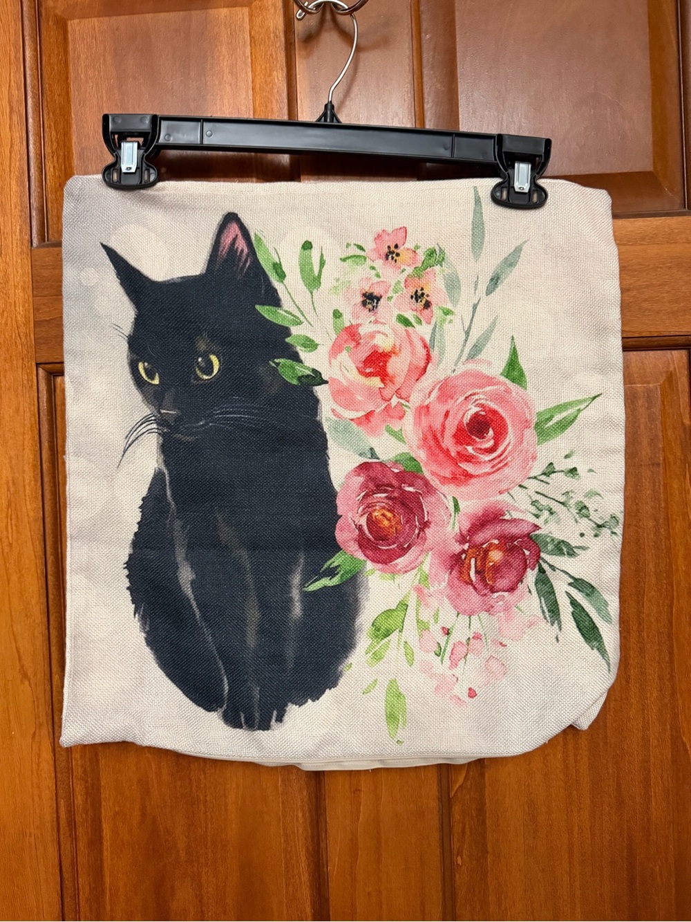 Canvas Pillow Cover 17x17 Beige Black Cat Pink Floral & Nature Print